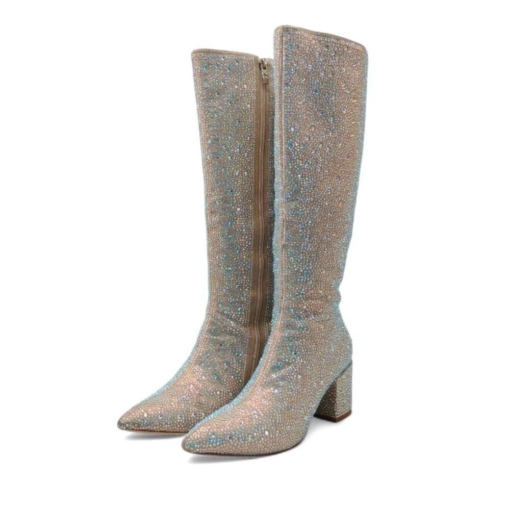 Wetkiss Women's Size 7 Iridescent Crystal Rhinestone Chunky Heel Knee High Boots - Picture 8 of 16